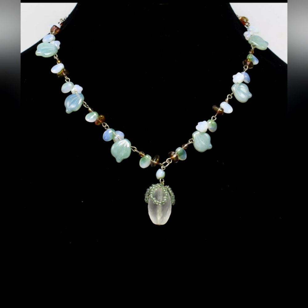 Vintage Bohemian Czech Glass Beaded Necklace on Silver Chain 16" NWOT